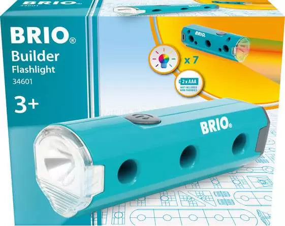 Teal BRIO Builder Flashlight toy with building holes, shown in front of its branded blue and orange packaging box.