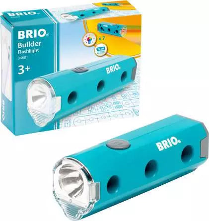 Turquoise rectangular toy flashlight with side holes and a clear lens, shown next to its blue and white retail box.