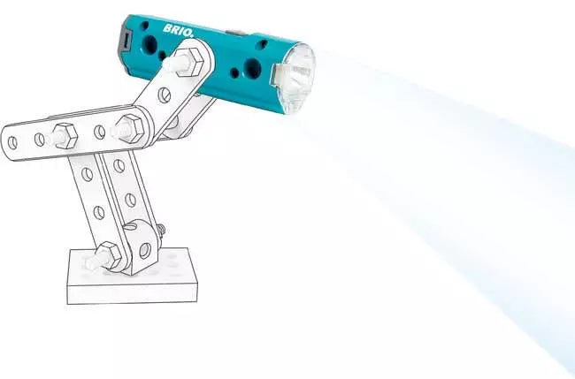 Teal BRIO flashlight on white adjustable toy construction arm, projecting a beam of white light.