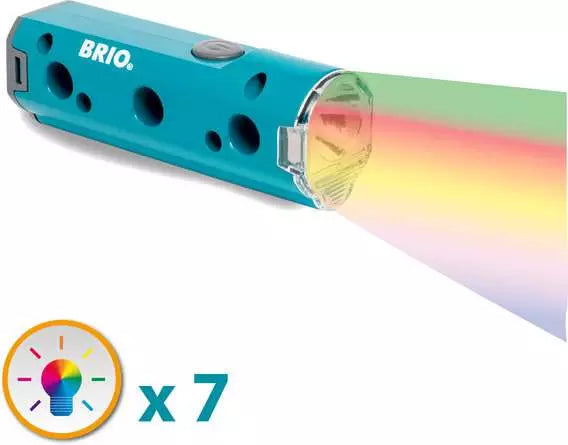 Teal BRIO toy flashlight with side holes emitting a rainbow beam. Icon shows seven different light color options.