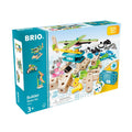 Teal BRIO box with 121 wooden and colorful plastic construction pieces, a blue motor unit, and a built helicopter. Age 3+