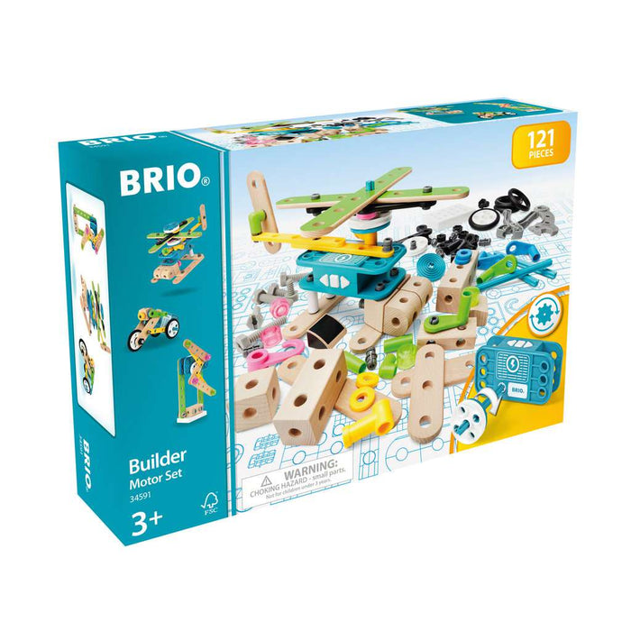 Teal BRIO box with 121 wooden and colorful plastic construction pieces, a blue motor unit, and a built helicopter. Age 3+