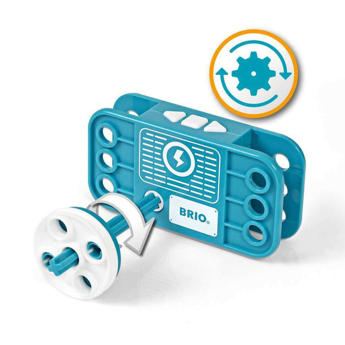 Blue Brio motor with white crank handle, top buttons, and lightning bolt icon, showing rotational movement.