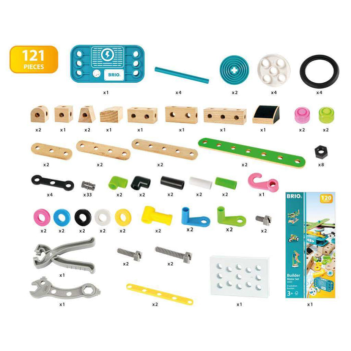 Assorted building parts including wooden blocks, colorful plastic bolts, wheels, tools, and a blue motor unit.