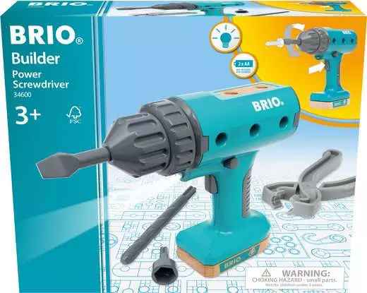Teal and grey BRIO toy power screwdriver with interchangeable bits and grey pliers shown on its product packaging.
