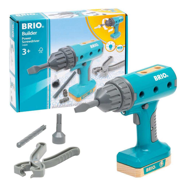 Teal and grey toy power screwdriver with wooden base, tool bits, and pliers next to its product packaging box.