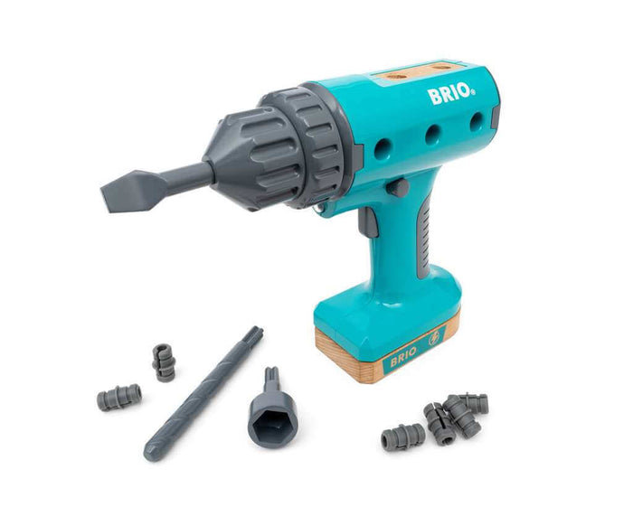 BRIO teal and grey toy power screwdriver with wood accents and five interchangeable grey plastic bits.