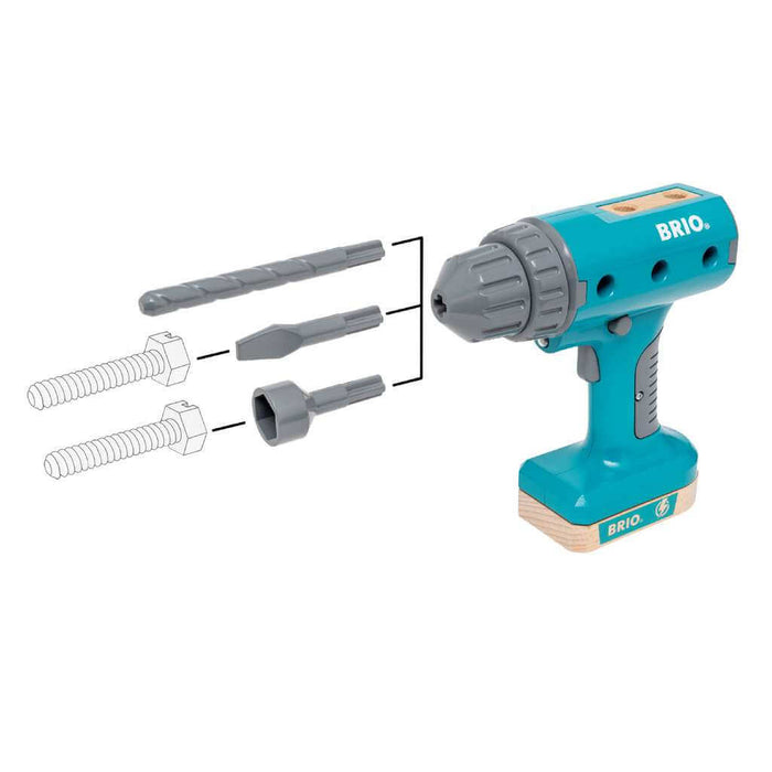 Teal toy power drill with wooden base and three interchangeable grey bits: a drill, flathead, and socket.