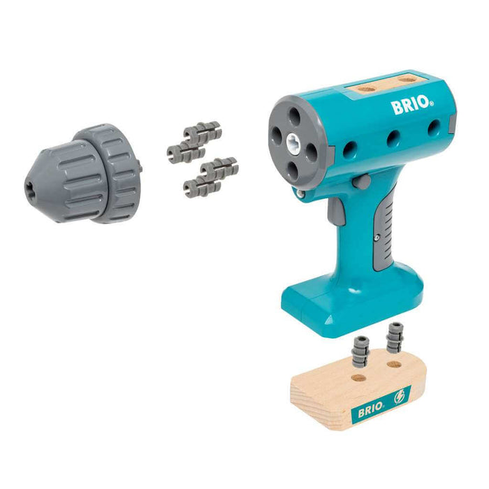 Teal and gray toy drill with interchangeable bits and a small wooden block with two gray screws.