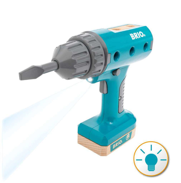 Teal and grey toy power screwdriver with wood accents and a shining built-in light, featuring the BRIO brand logo.