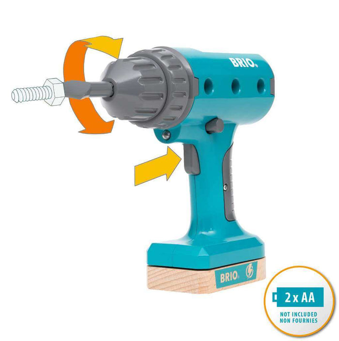 Teal blue and gray toy power screwdriver with yellow arrows indicating movement, requiring two AA batteries.
