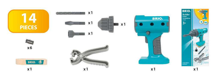 14-piece toy kit featuring a turquoise drill, gray bits, pliers, and wooden beam with piece counts labeled.