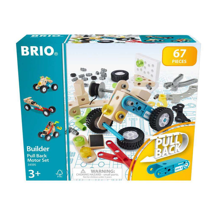 Teal Brio box showing 67 wooden and plastic pieces, tools, and example pull-back toy vehicles for ages 3+.