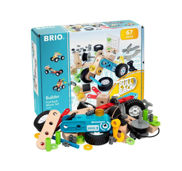 Teal BRIO box showing 67 colorful wood and plastic building parts, black wheels, and motor pieces for toy construction.