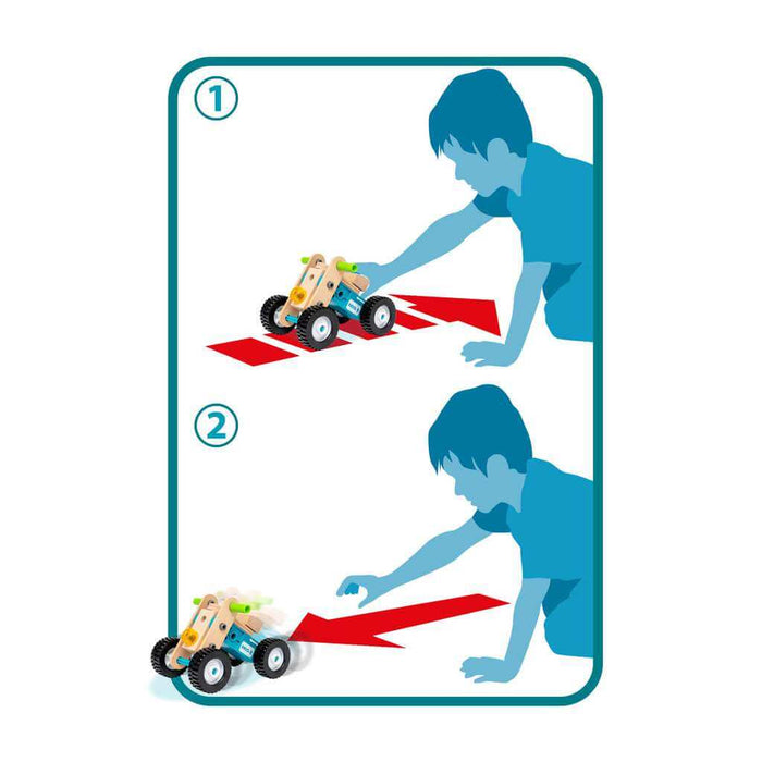 Diagram showing how to pull back the wooden toy car to wind the motor and release it to drive forward.