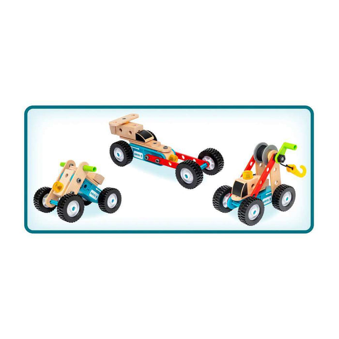 Three toy vehicles built from wood and primary-colored plastic parts: a race car, a crane truck, and a small buggy.