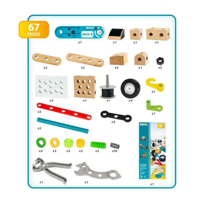 67-piece building set components: colorful wooden and plastic planks, blocks, motor, wheels, pliers, and wrench.
