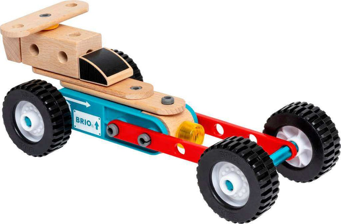 Wooden and plastic toy car with four chunky black tires, a blue body with a BRIO logo, and red side rails.