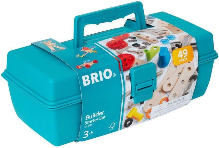 Teal plastic toolbox with handle and BRIO label showing 49 building pieces and a 3+ age recommendation.