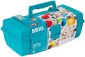 Teal plastic toolbox with handle and BRIO label showing 49 building pieces and a 3+ age recommendation.