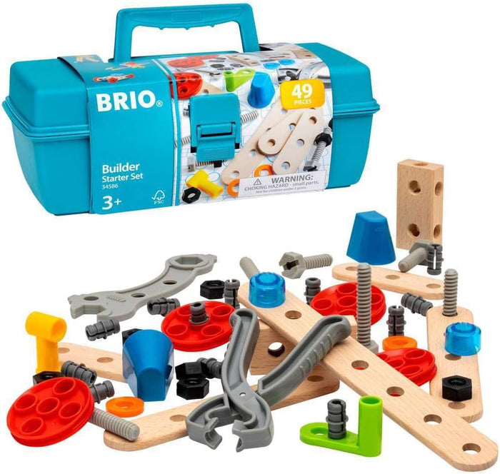 Teal toolbox and 49 building pieces: wooden planks, red wheels, and colorful plastic screws, nuts, and grey tools.
