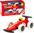 Red wooden toy race car with white wheels and yellow driver, shown next to its red BRIO display box.