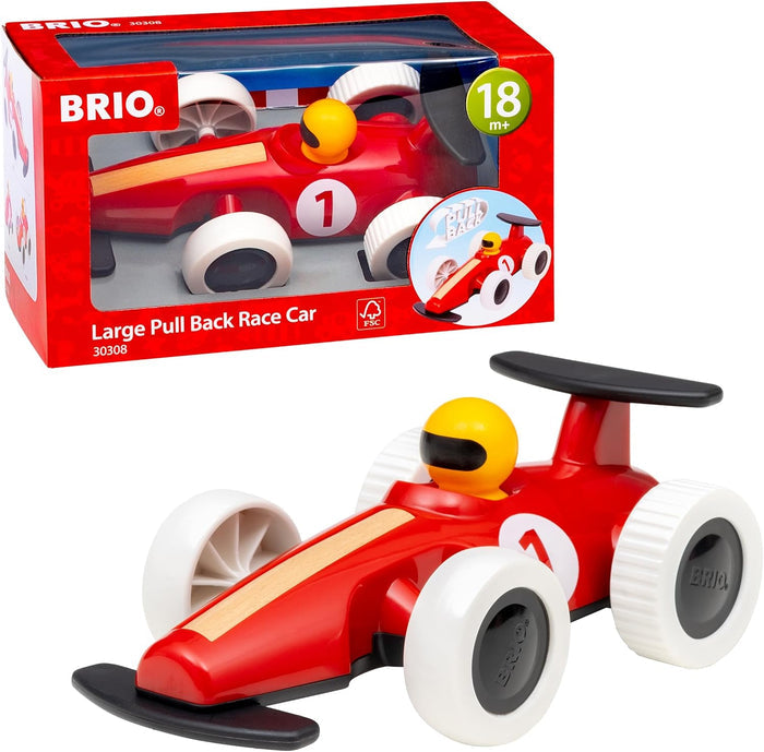 Red wooden toy race car with white wheels and yellow driver, shown next to its red BRIO display box.