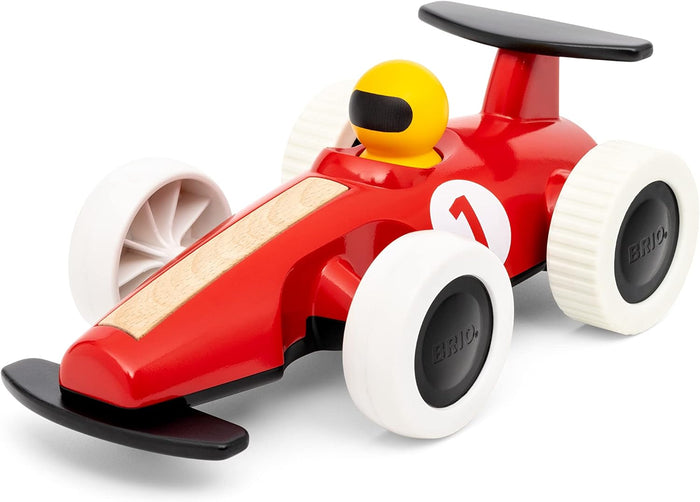 Red toy race car with white wheels, a yellow driver, wooden top detail, and a white number 1 on the side.