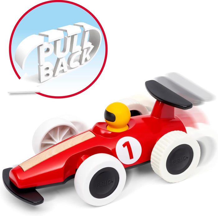 Red wooden race car with white wheels, number 1, yellow driver, and graphic showing pull-back motion.