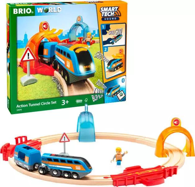 BRIO World packaging and assembled toy set: blue and orange train on a circular wooden track with colorful tunnels.