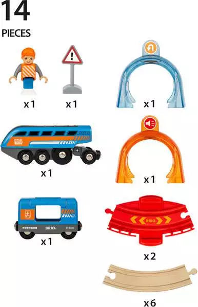 Layout of 14 toy train pieces: blue engine, carriage, character, action arches, and curved track segments.