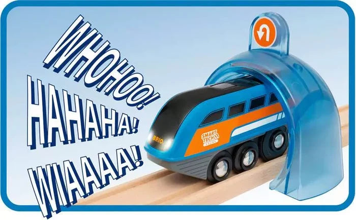 Blue and orange toy train emerging from a blue tunnel on wooden tracks with colorful sound effect graphics.