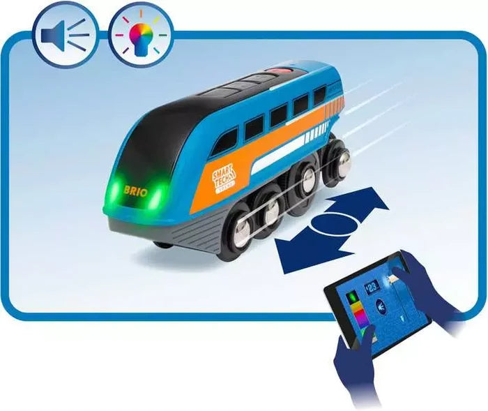 Blue toy train with green lights and orange stripe, controlled by a tablet app with sound and color light icons.