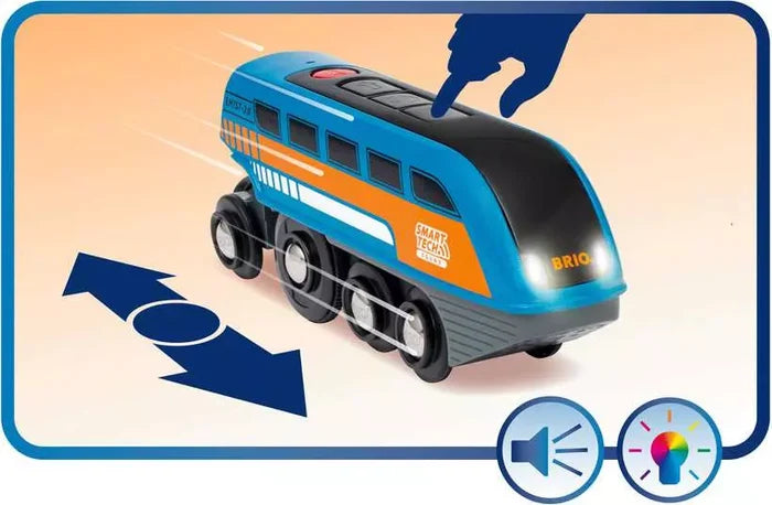 Blue toy train with orange stripes and glowing headlights, featuring top buttons for sound and light-up play effects.