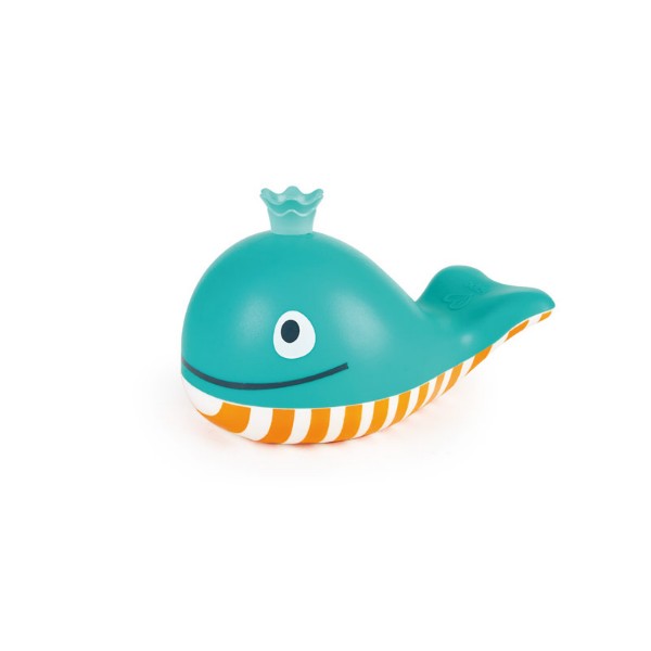 Teal smiling whale toy with orange and white stripes on its underside and a crown-shaped blowhole on top.