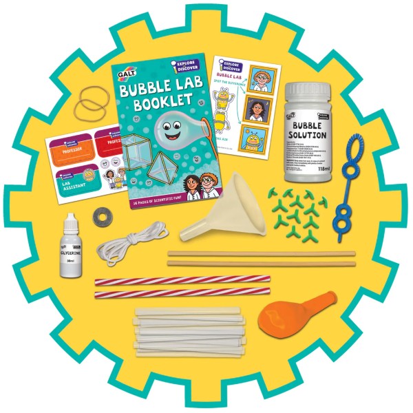 Galt Bubble Lab kit featuring solution, wand, funnel, and booklet on a yellow gear-shaped background.