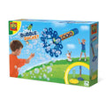 Colorful toy box showing a boy launching a blue and yellow rocket with a gear-shaped wand creating bubbles in a field.