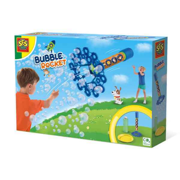 Colorful toy box showing a boy launching a blue and yellow rocket with a gear-shaped wand creating bubbles in a field.
