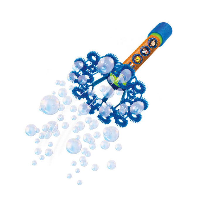 Blue and orange bubble toy shaped like a flower with animal designs, blowing numerous bubbles from various small rings.