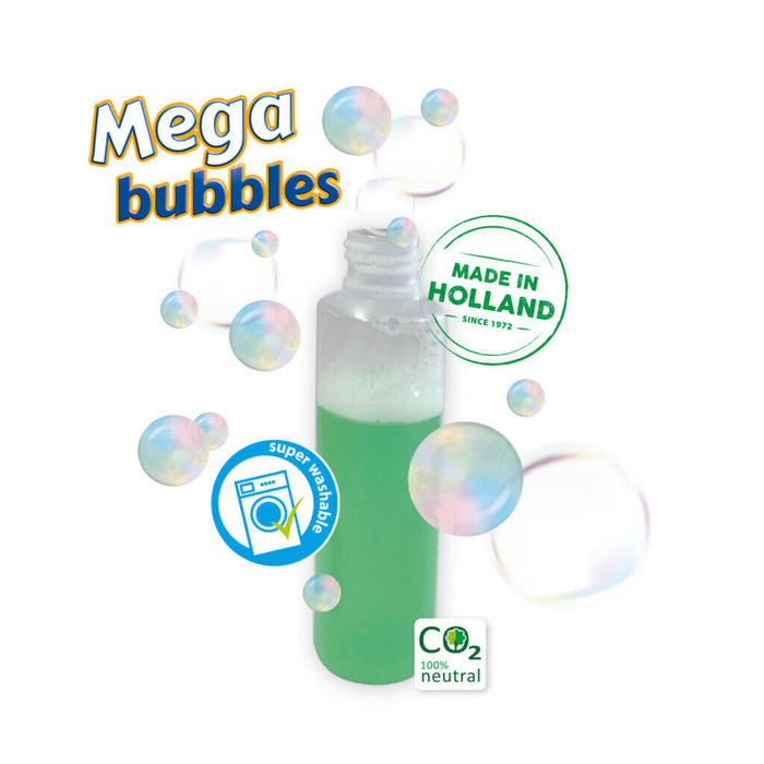 Tall clear bottle of green bubble solution surrounded by floating iridescent bubbles and product quality logos.