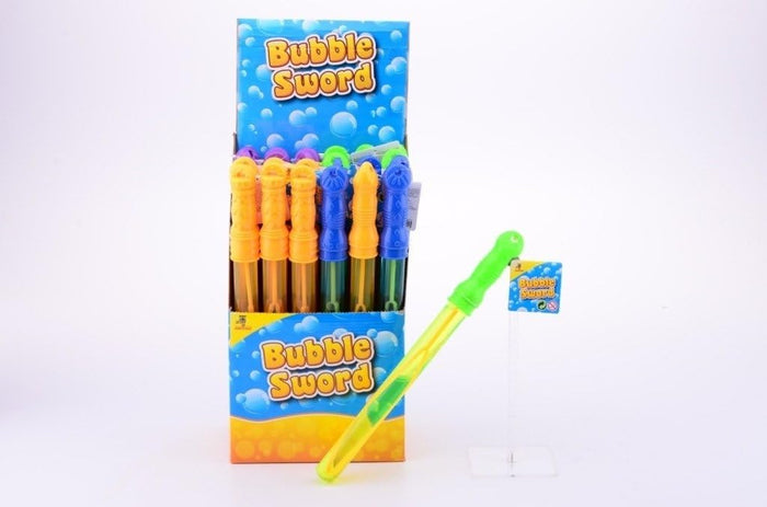 Blue display box of colorful sword-shaped bubble wands. A green and yellow wand leans in front on a white background.