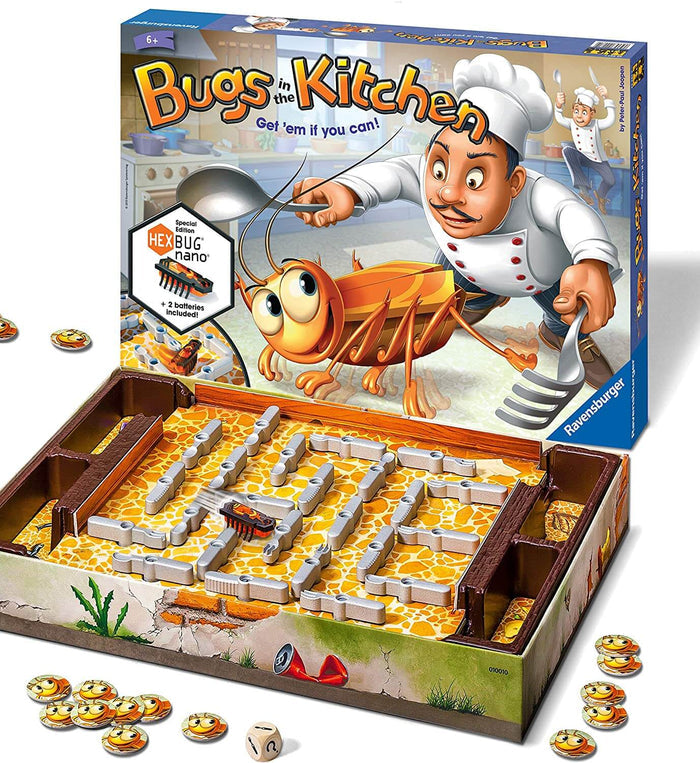 Board game box showing a chef chasing a bug above a silver utensil maze on yellow tiles with a toy bug, die, and tokens.