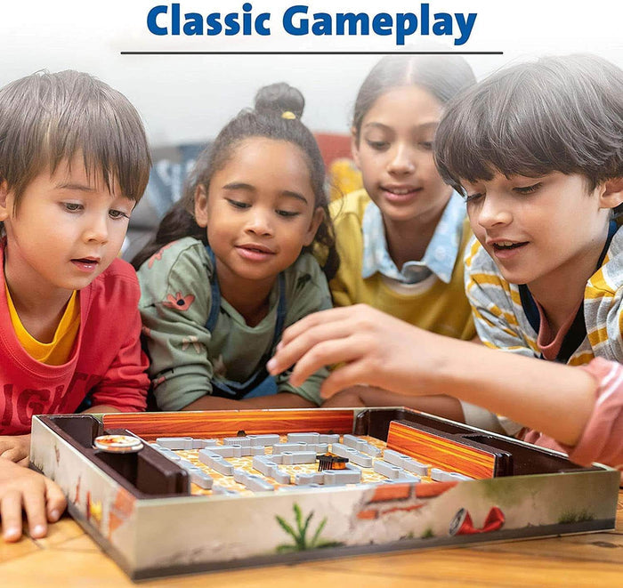 Four children play a board game featuring a maze of silver cutlery and a small orange and black robotic bug.