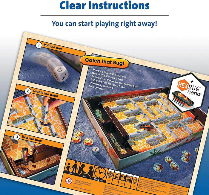 Yellow tiled game board for Bugs In The Kitchen with movable fork and spoon barriers, a Hexbug nano, and instructions.