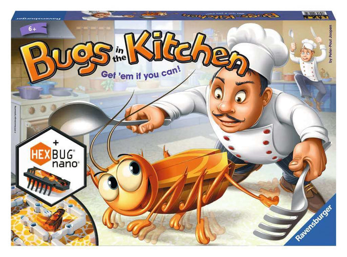Colorful box art of a chef chasing a large orange cartoon bug with kitchen tools and a Hexbug nano illustration.