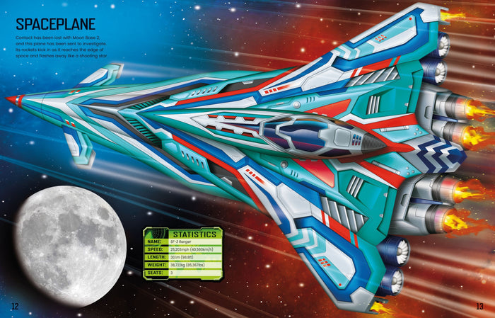 Teal, blue, and red futuristic spaceplane soaring past a moon in space with glowing orange rocket engines.