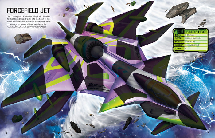 Purple and neon green R-25 Amulet Forcefield Jet flying through a storm with lightning and a statistics panel.