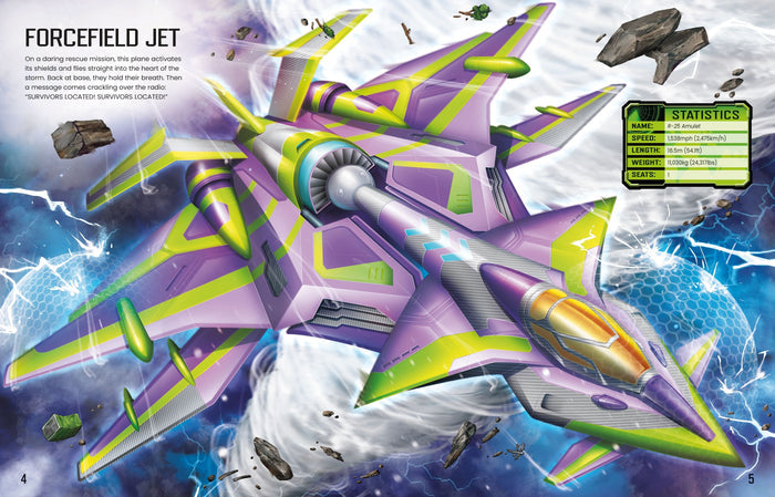 Purple and lime green futuristic jet with a blue hexagonal forcefield flying through a stormy, lightning-filled sky.