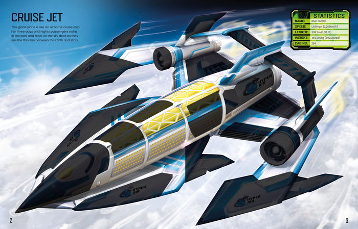 Futuristic blue and white multi-winged jet flying through clouds, featuring yellow window panels and a statistics box.
