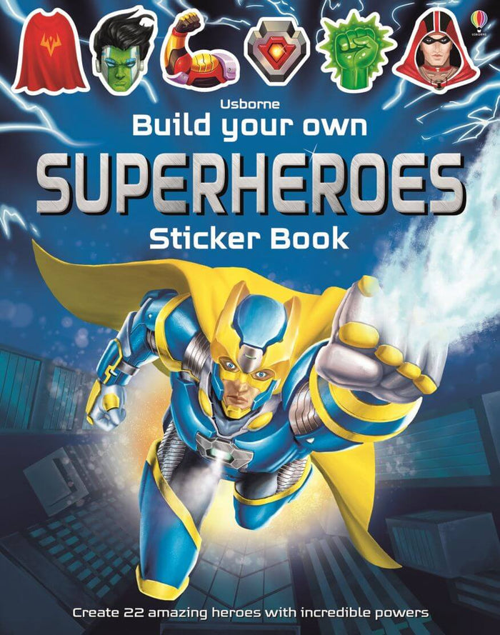 Sticker book cover with a blue and yellow armored superhero flying over a city and icons of customizable hero parts.